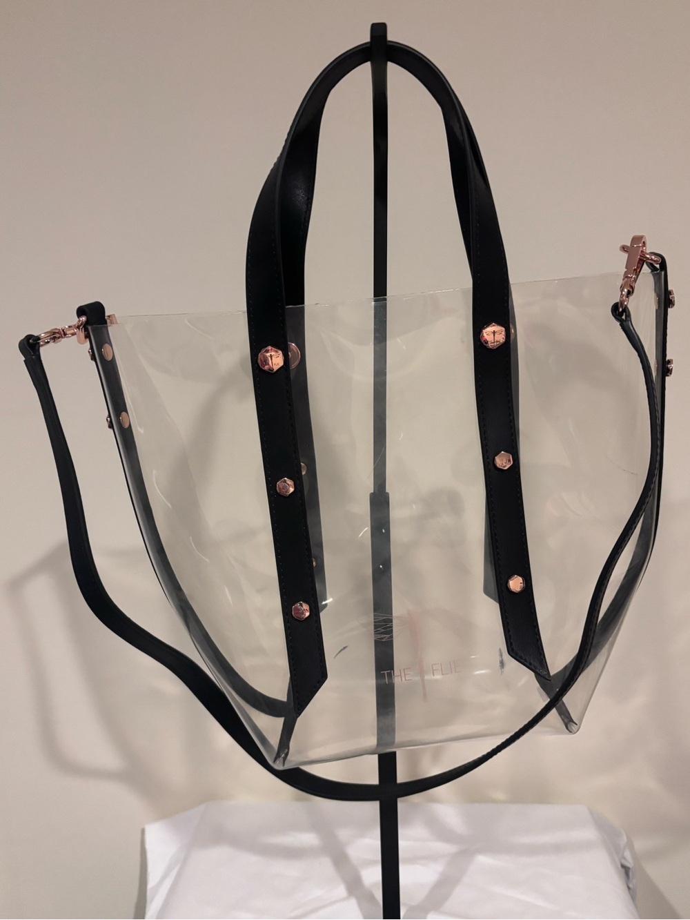 The Flie Clear TaleGate Bag with Black Straps and Rose Gold Accents